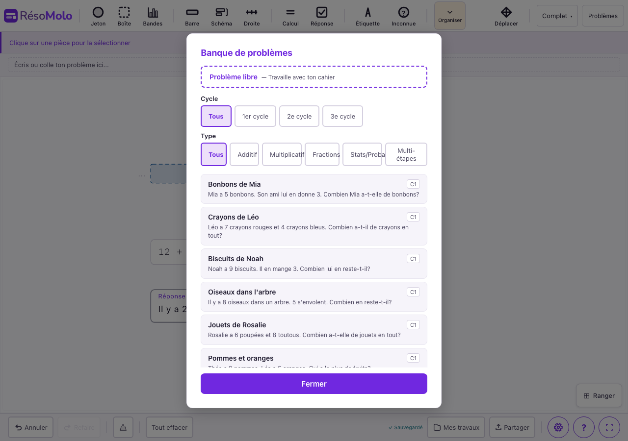 Banque de problèmes avec filtres par cycle et catégorie