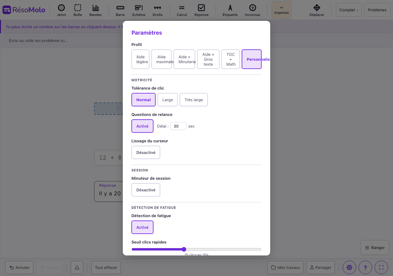 Paramètres avec sélecteur de profil rapide