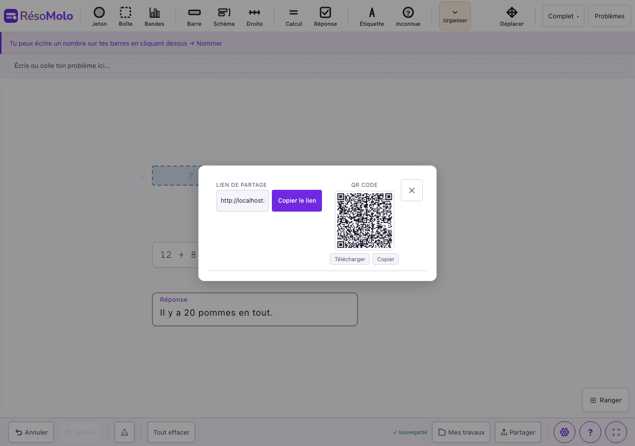 Panneau de partage avec lien et QR code